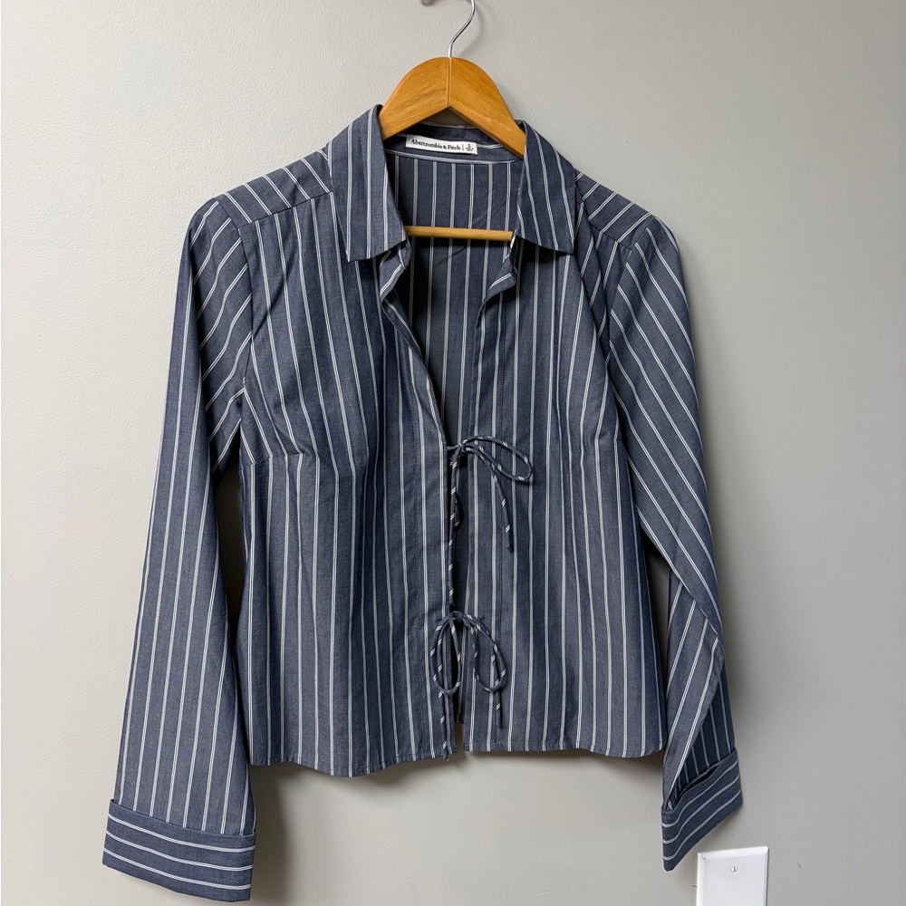 Abercrombie & Fitch Navy and White Striped Tie-Front Button Shirt